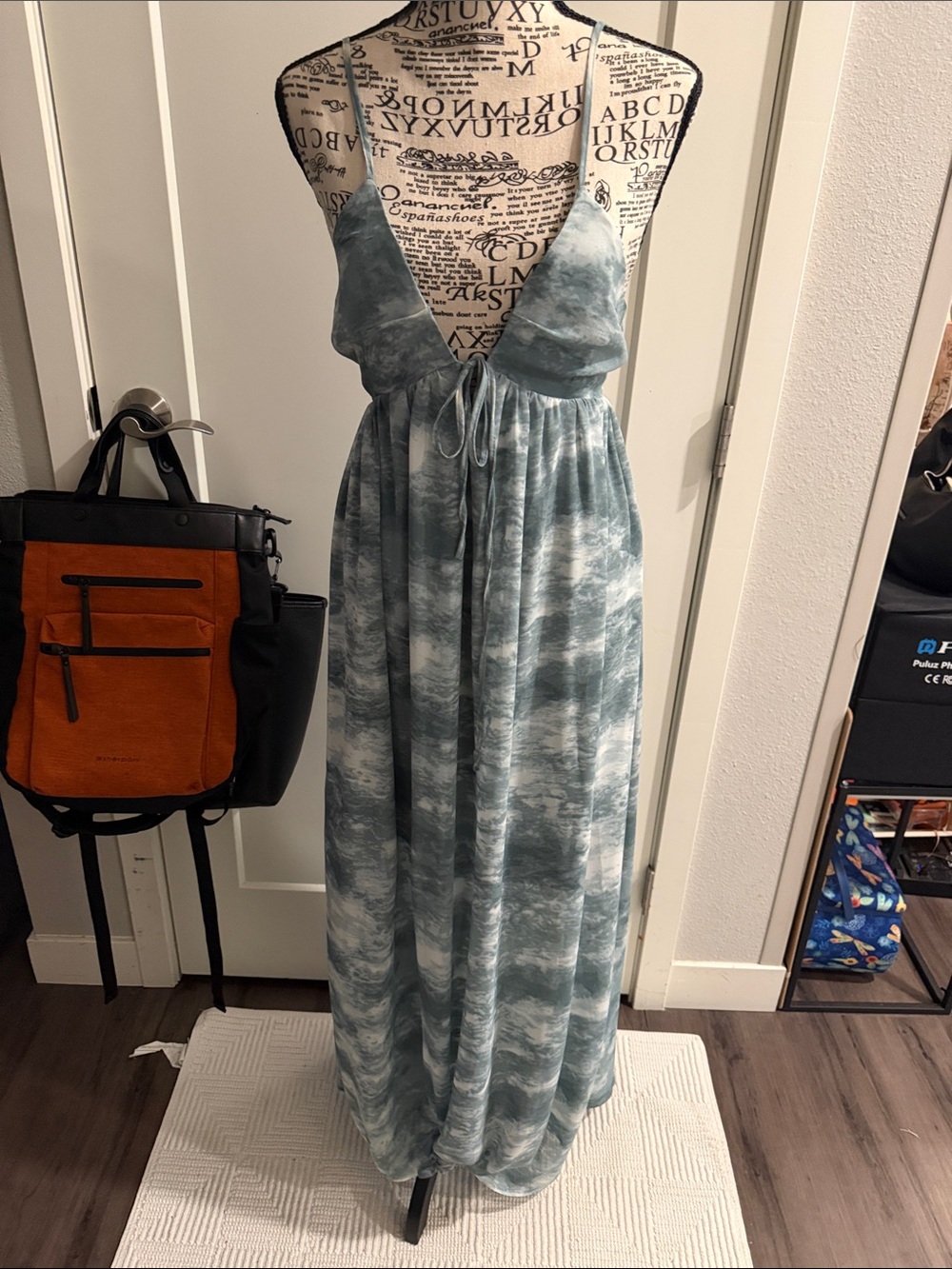Tie-Front Blue Print Maxi Dress with Deep V